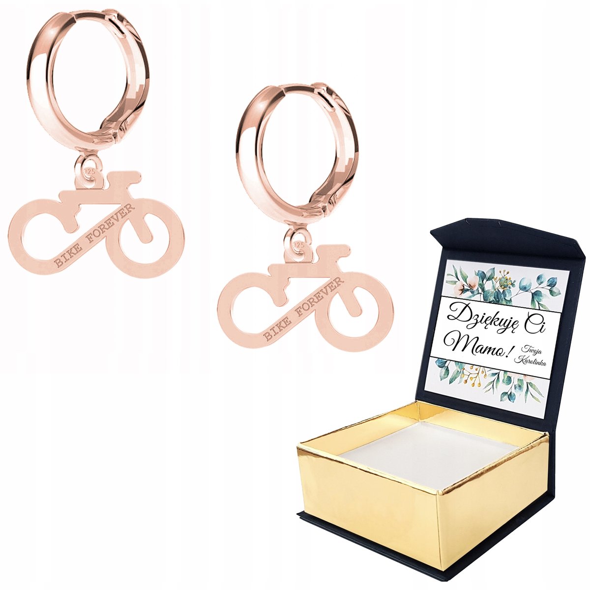 Kolczyki różowe złoto Rower Forever WŁASNY NADRUK