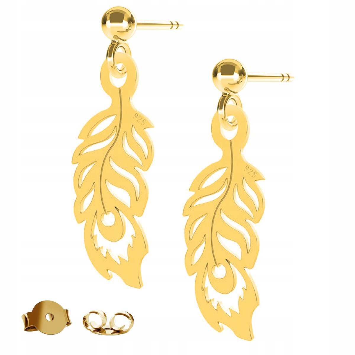 Kolczyki złote Pawie Pióro Piórko 925