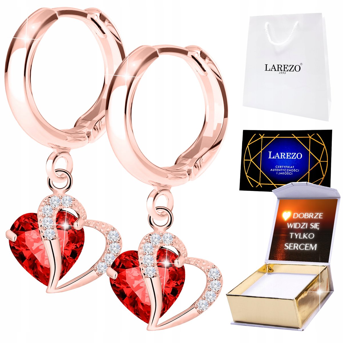 Różowe Kolczyki Kryształowe Czerwone Serca z Cyrkoniami Serduszka + NADRUK