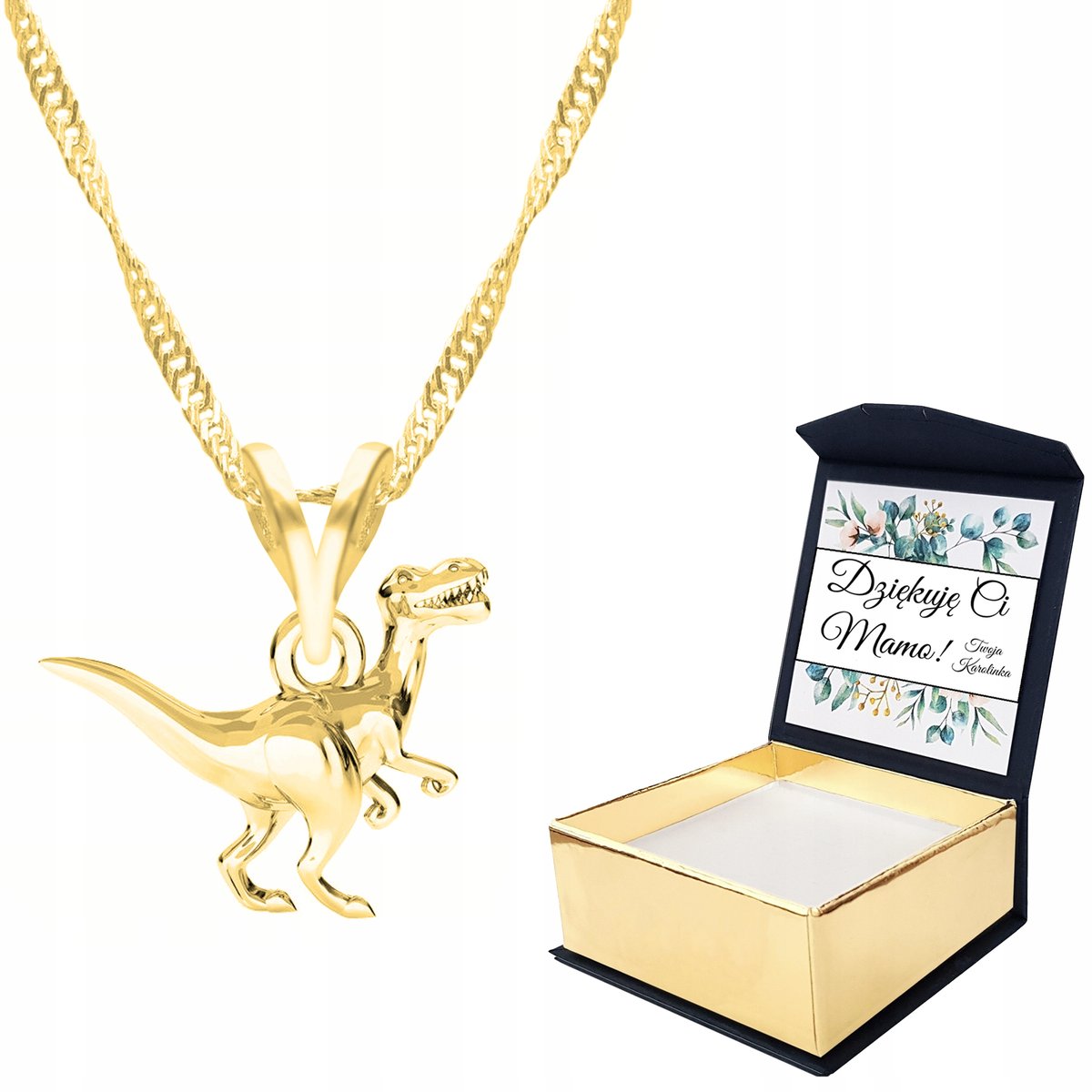 Naszyjnik złoty 925 Dinozaur T-rex + WŁASNY NADRUK