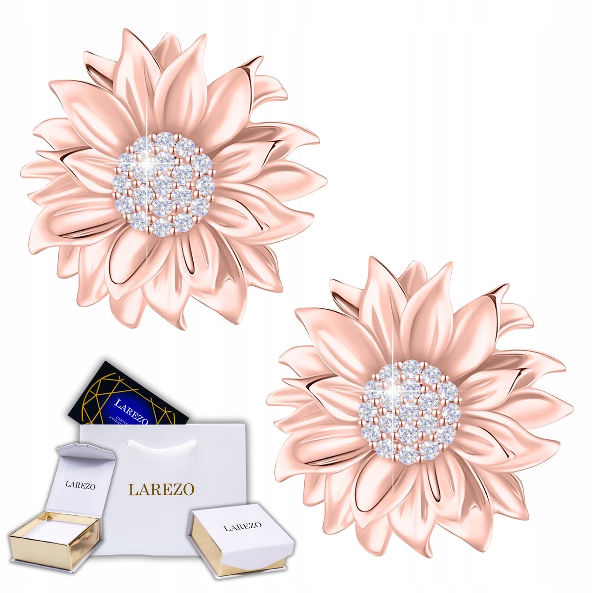 Kolczyki Różowe z Kwiatami Pozłacane Kwiaty z Cyrkoniami Kwiatek SREBRO 925