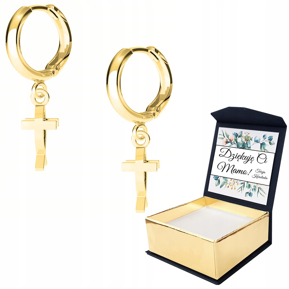 Kolczyki złote Krzyż Rybka Krzyżyk WŁASNY NADRUK