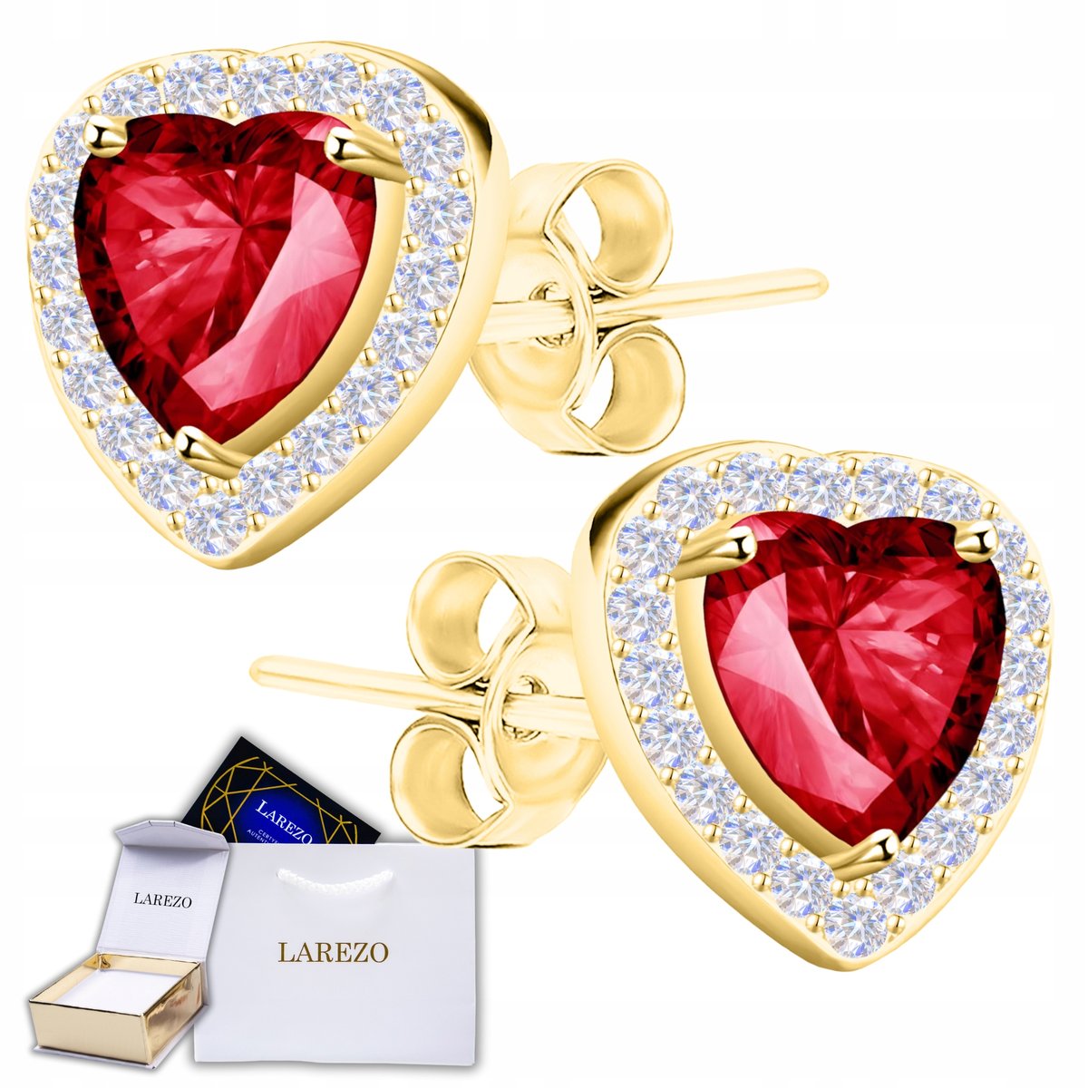 Złote Kolczyki 925 z Czerwonymi Sercami Duże Czerwone Serca POZŁACANE 585
