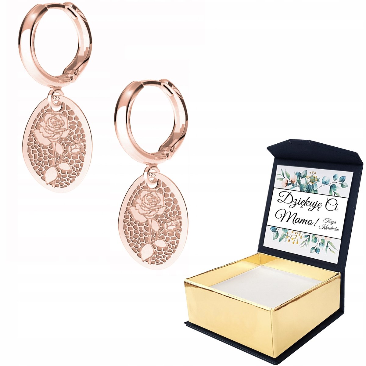 Kolczyki różowe złoto Róża Kwiat 925 WŁASNY NADRUK