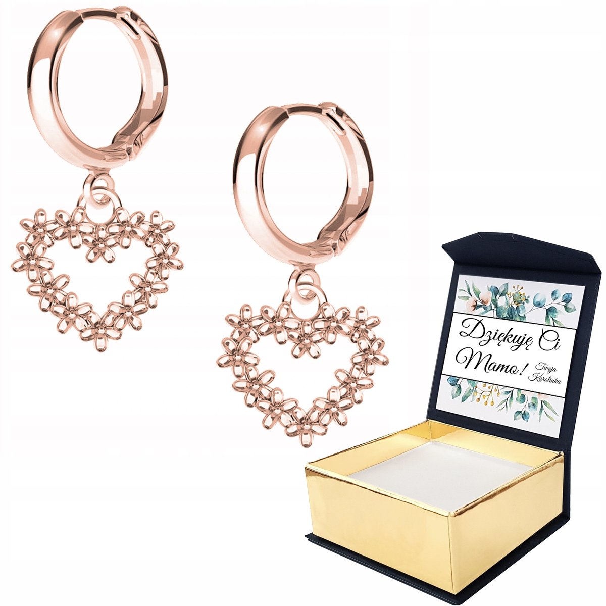 Kolczyki różowe złoto Kwiaty Serce + WŁASNY NADRUK