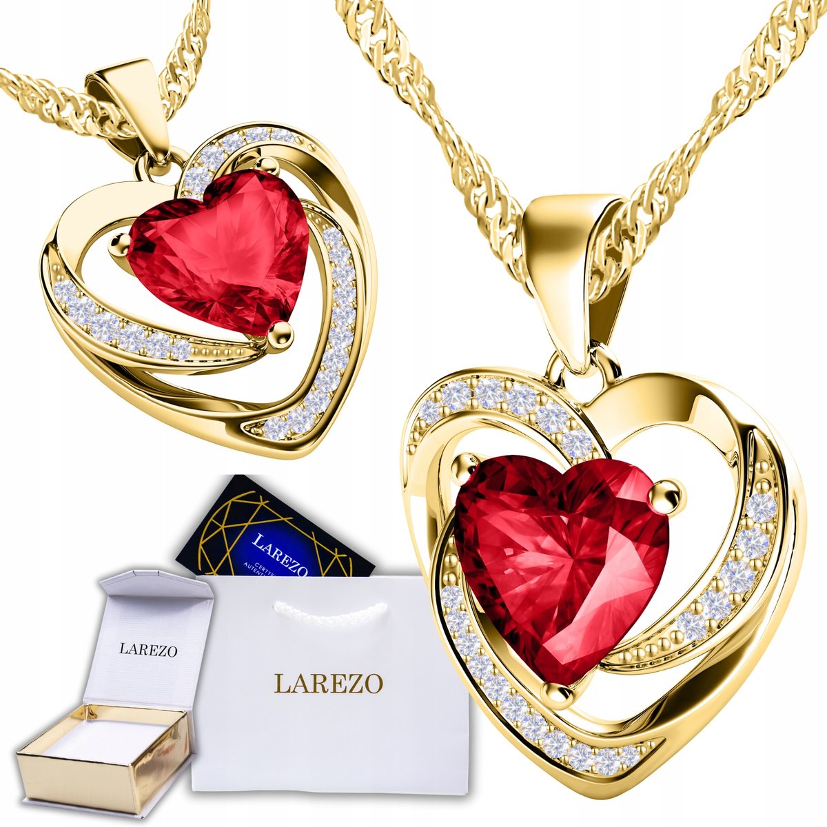 Złoty Naszyjnik 925 Czerwone Kryształowe Serce z Cyrkoniami POZŁACANY 585