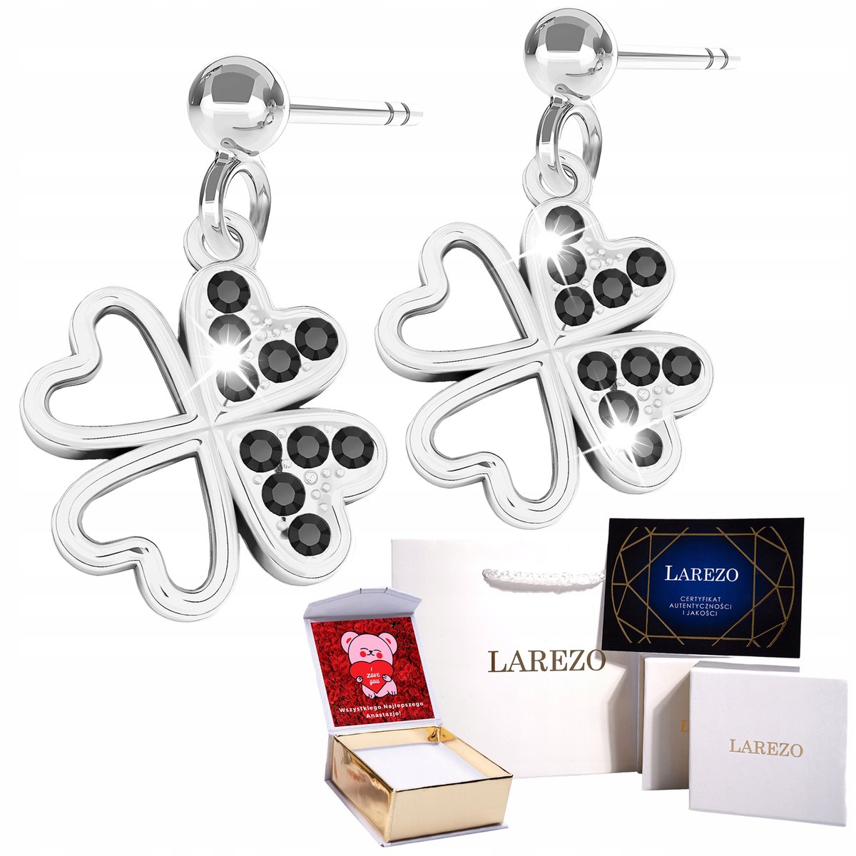 Kolczyki Srebrne 925 na Sztyfcie Koniczynka Czarne Cyrkonie Kwiat NADRUK