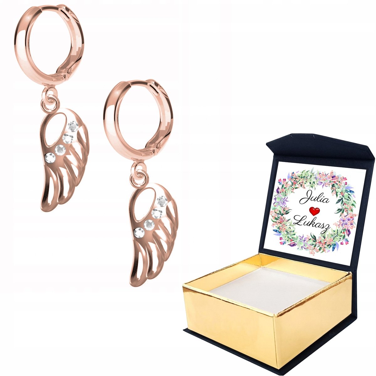 Kolczyki różowe złoto Skrzydło 925 + WŁASNY NADRUK