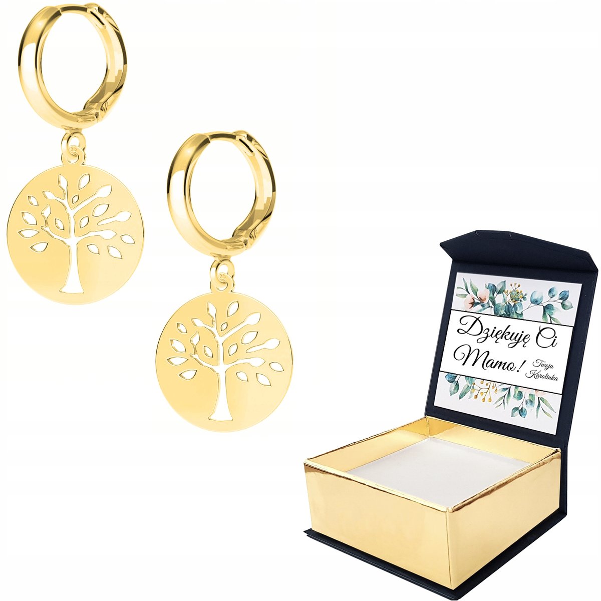 Kolczyki złote Drzewo Drzewko Tree WŁASNY NADRUK