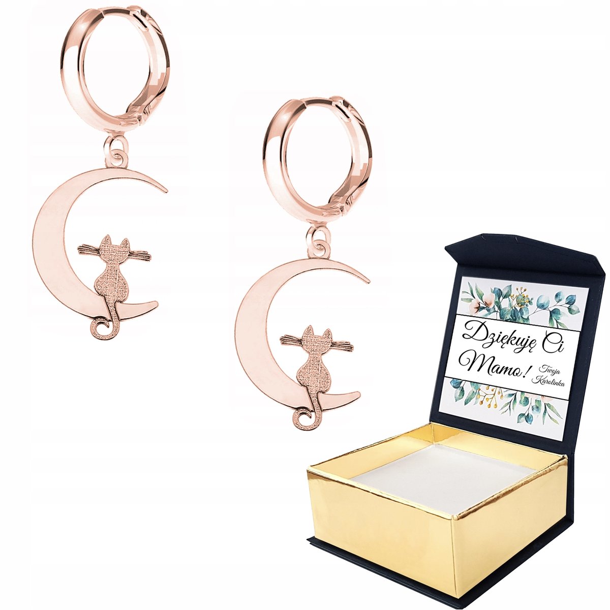 Kolczyki różowe złoto Kot Księżyc + WŁASNY NADRUK