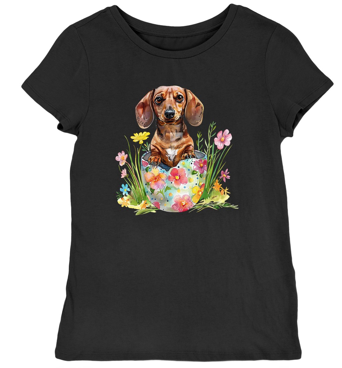 Koszulka damska z jamnikiem w kwiatach czarna XL