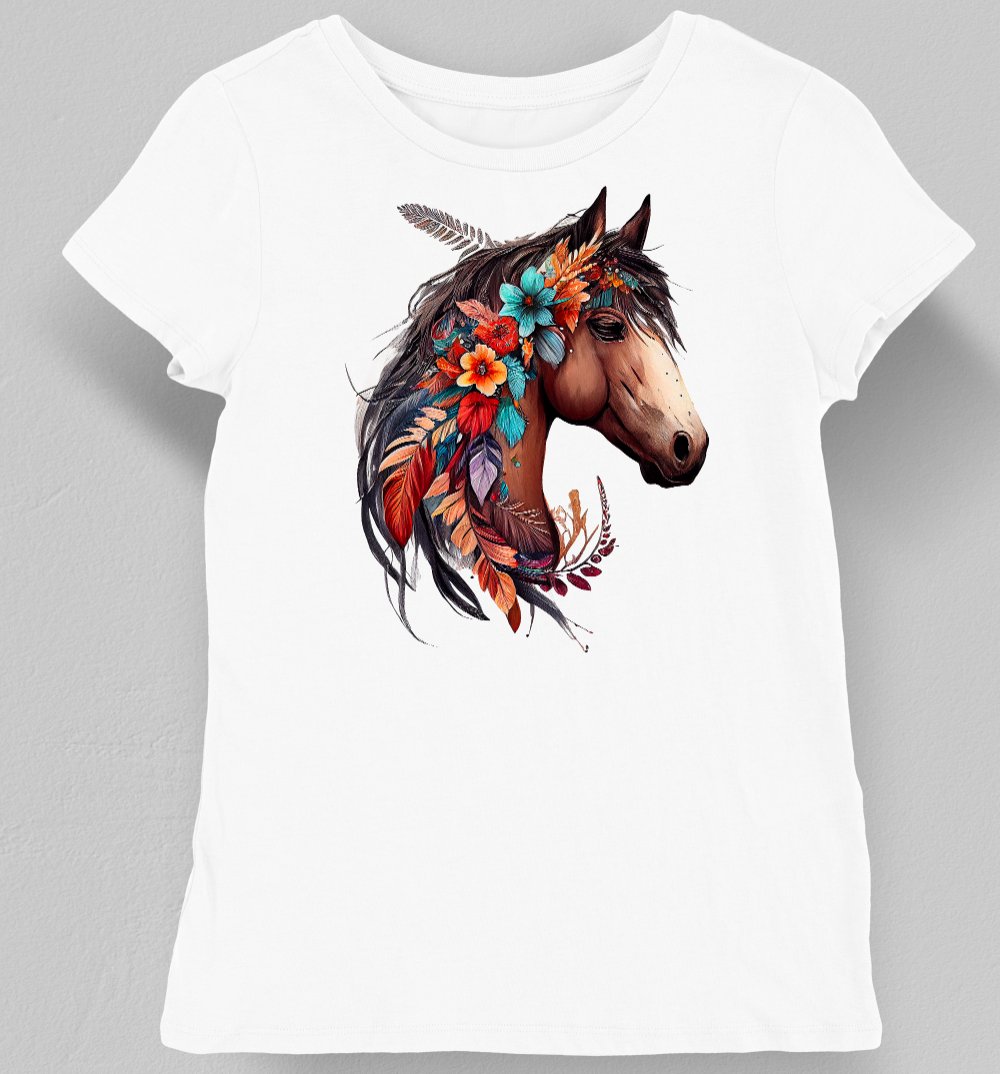 Koszulka damska z koniem grzywa kwiaty biała 2XL