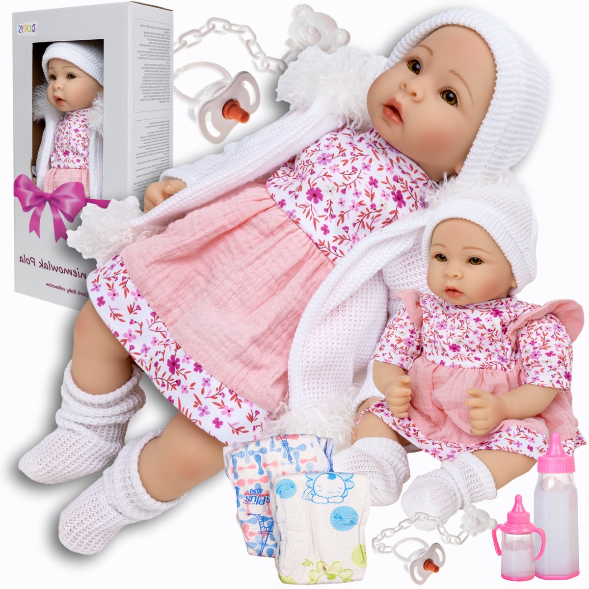 Lalka bobas interaktywna DUŻA REALISTYCZNA PACHNĄCA w ZESTAWIE SMOCZEK PAMPERS BUTELKI