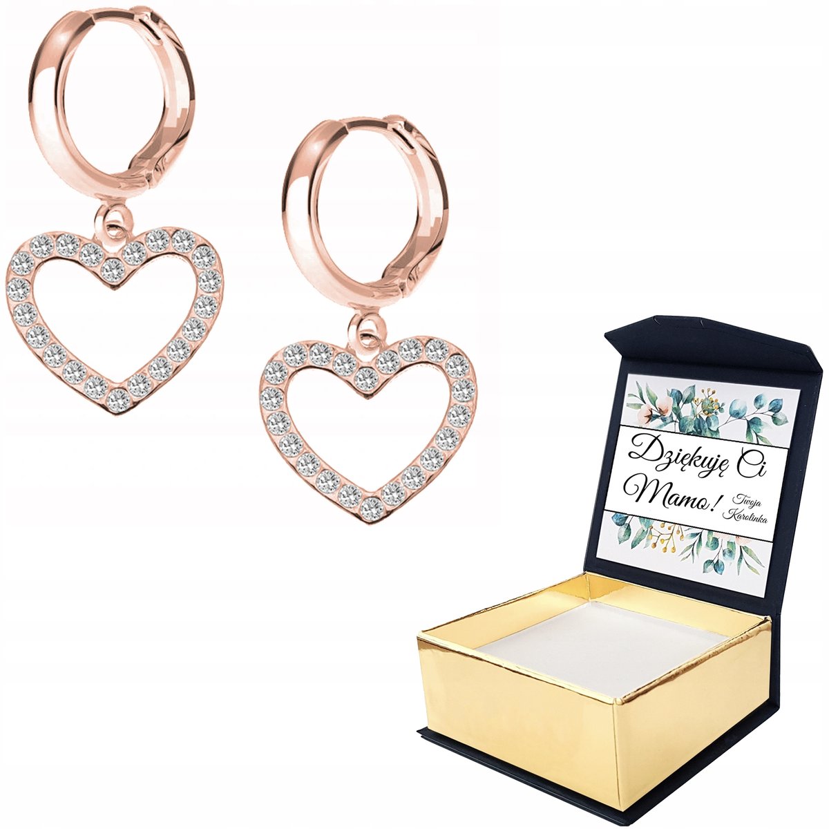 Kolczyki różowe złoto Serce Cyrkonie WŁASNY NADRUK