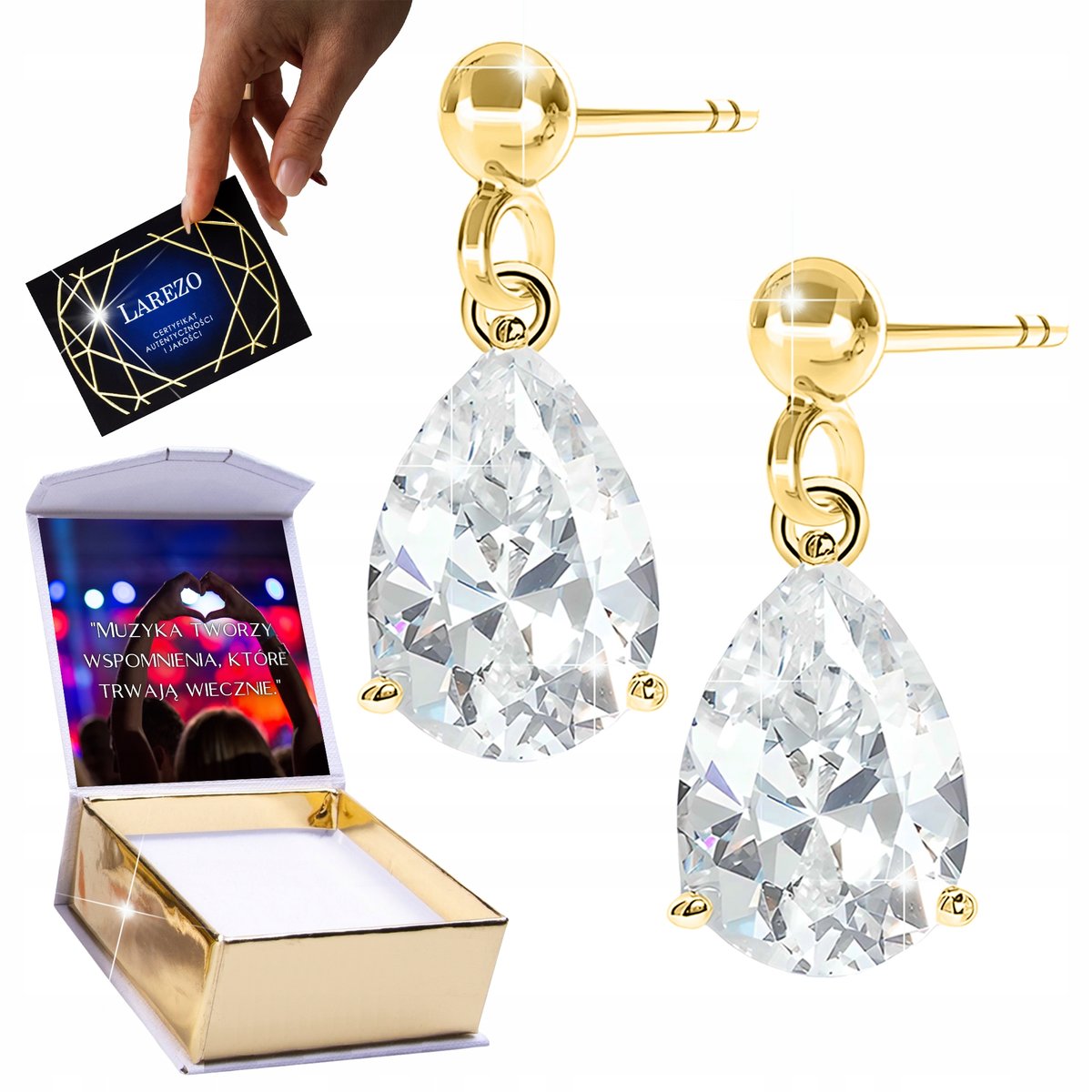 Złote Kolczyki 925 z Kryształem POZŁACANE 585 Łezki Łzy Krople Wody NADRUK