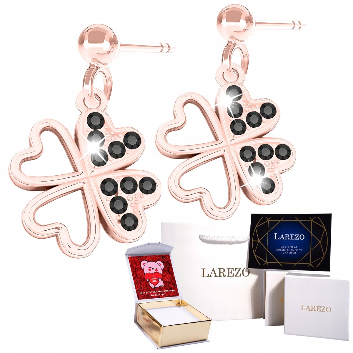 Kolczyki Pozłacane 18K na Sztyfcie Koniczynka Czarne Cyrkonie Kwiat NADRUK