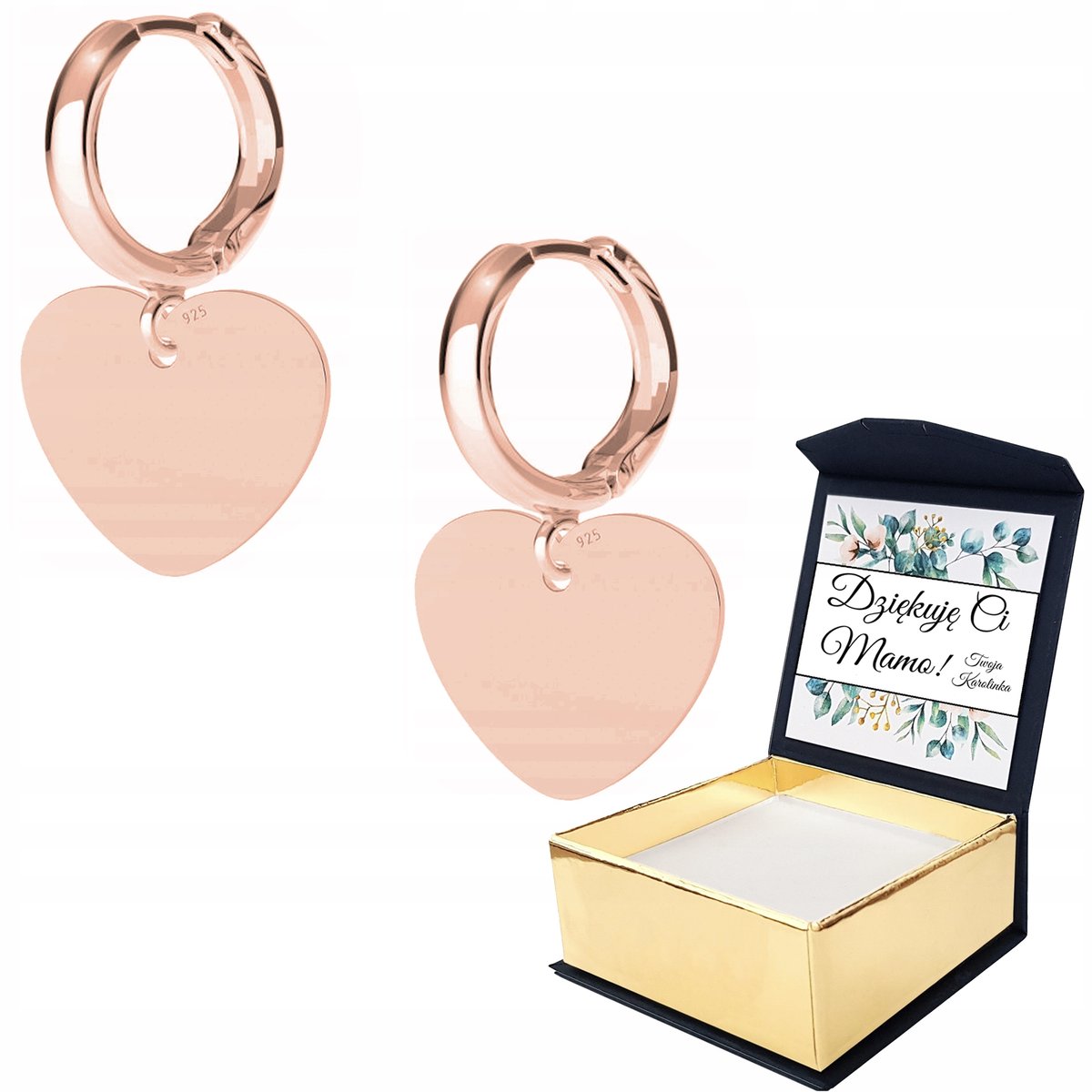 Kolczyki różowe złoto Serce Blaszka WŁASNY NADRUK