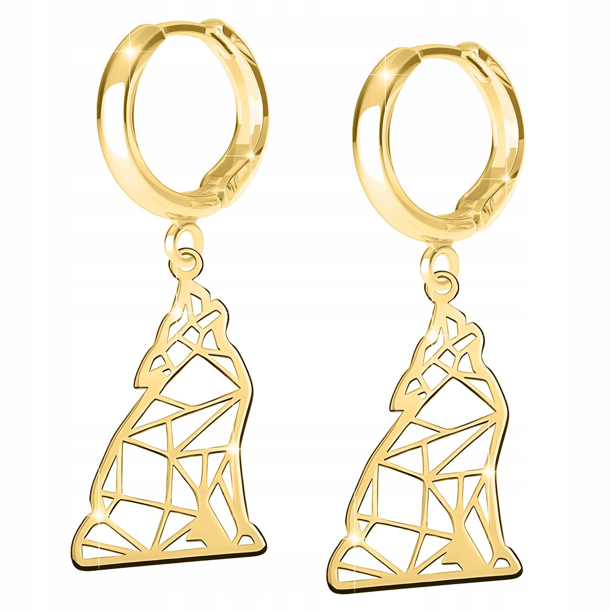 Złote Kolczyki Ażurowe Blaszki z Wilkami Psy Origami Wilk Pies Wilki