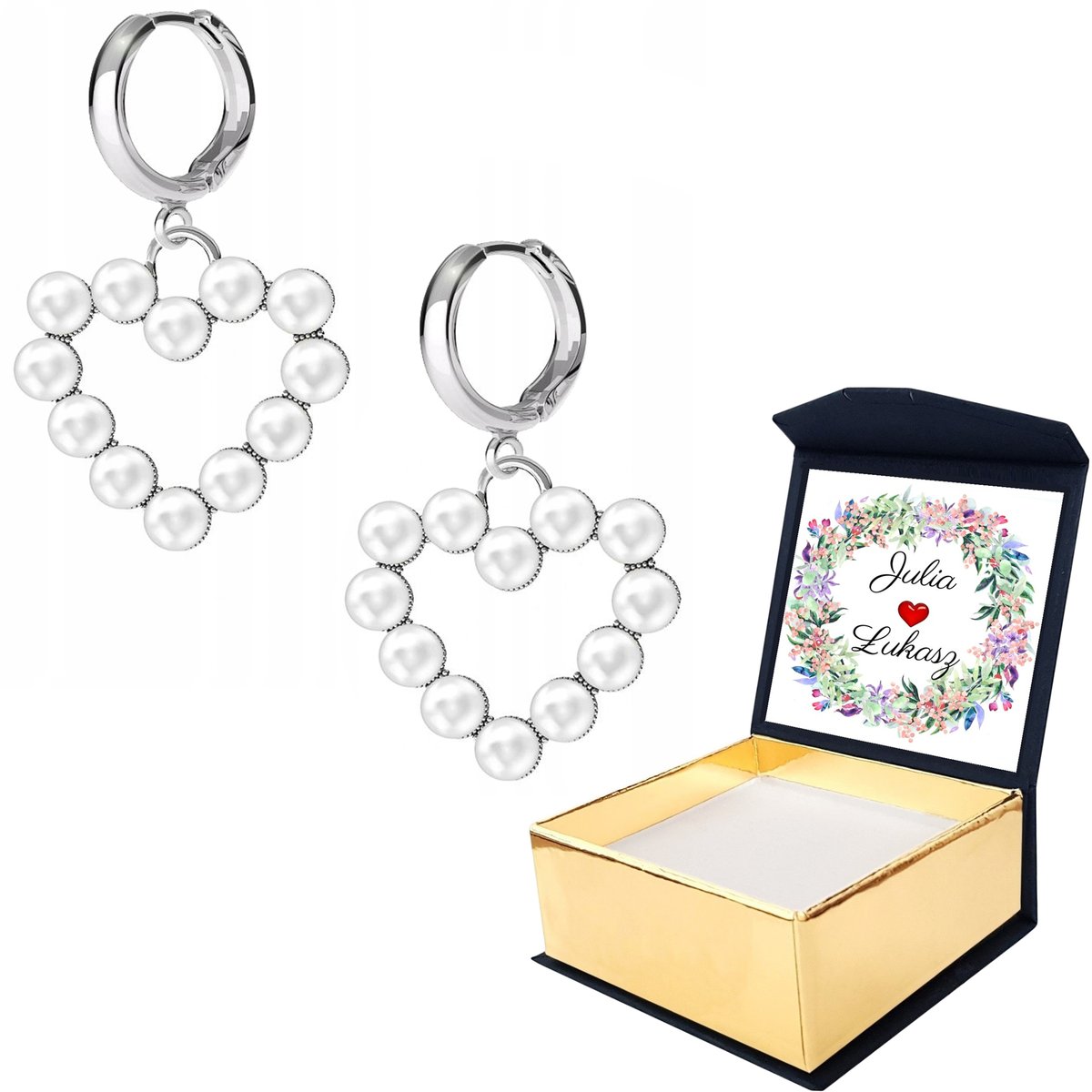 Kolczyki srebrne Serce z Perłami 925 WŁASNY NADRUK