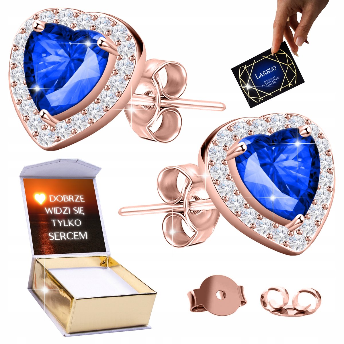 Kolczyki Pozłacane 18K Niebieskie Kryształki Serduszka z Cyrkoniami NADRUK