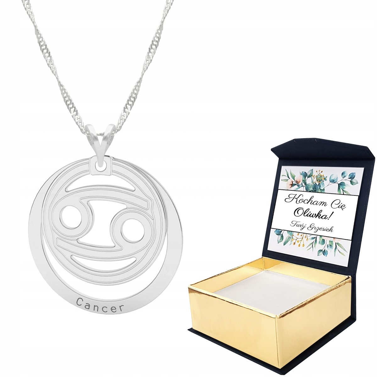 Naszyjnik srebrny Znak Zodiaku Rak + WŁASNY NADRUK