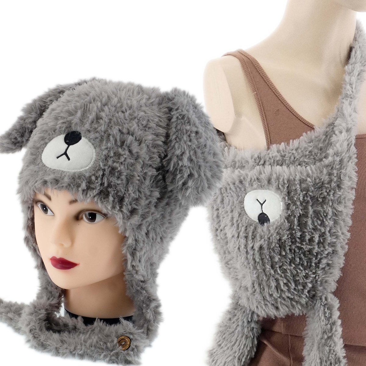 Ciepła Zimowa Czapka Kobieca Z Futerkiem Szara Miś Uszka 2W1 Torba Na Ramię