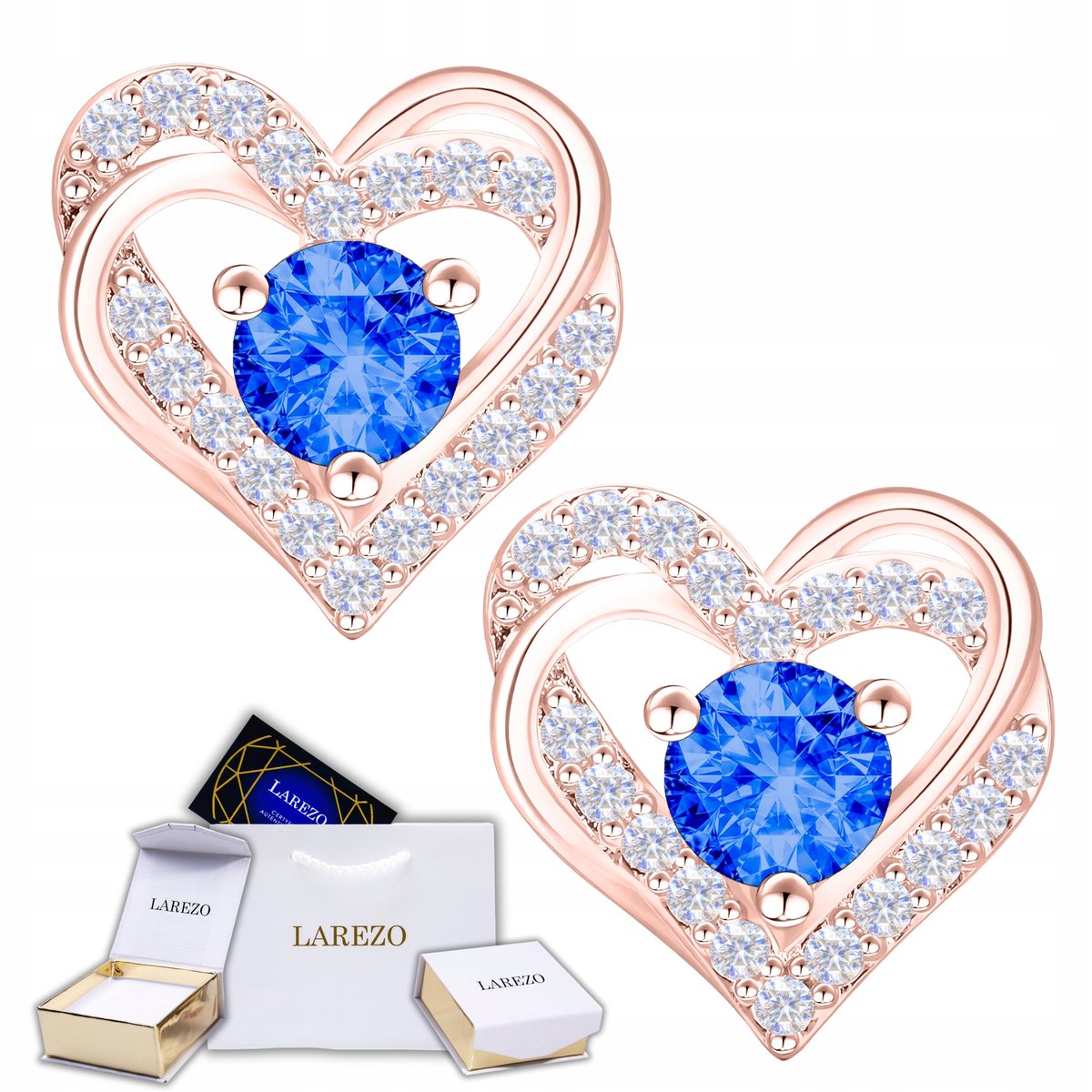 Kolczyki Różowe Lśniące Serca z Cyrkoniami Niebieskie Cyrkonie SREBRO 925