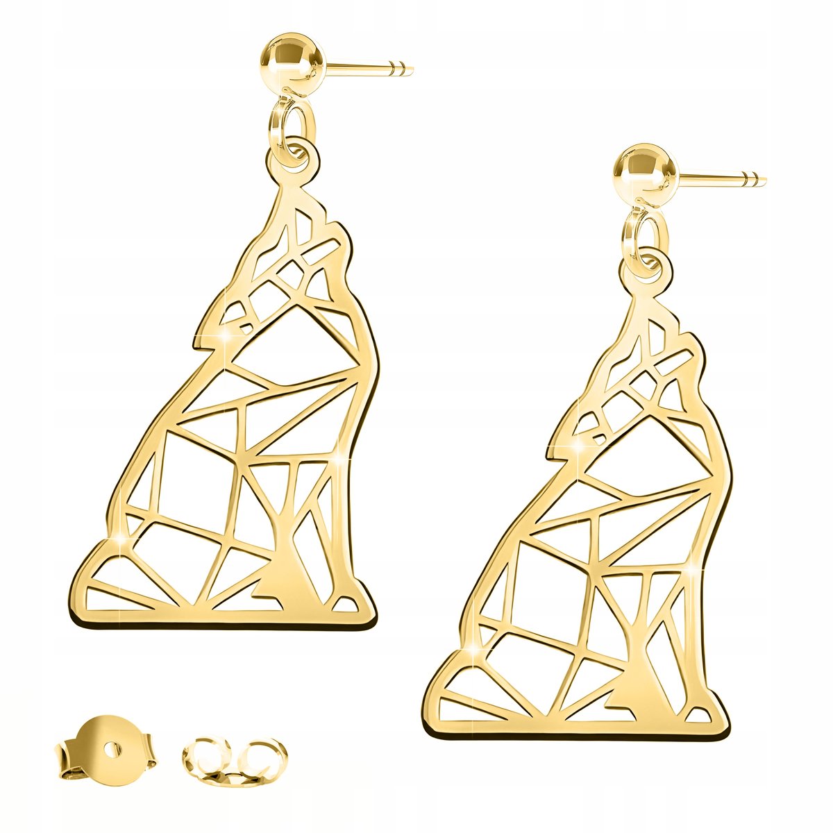 Złote Kolczyki Wkrętki 925 Długie z Wilkiem Blaszka Origami Pies Wilk