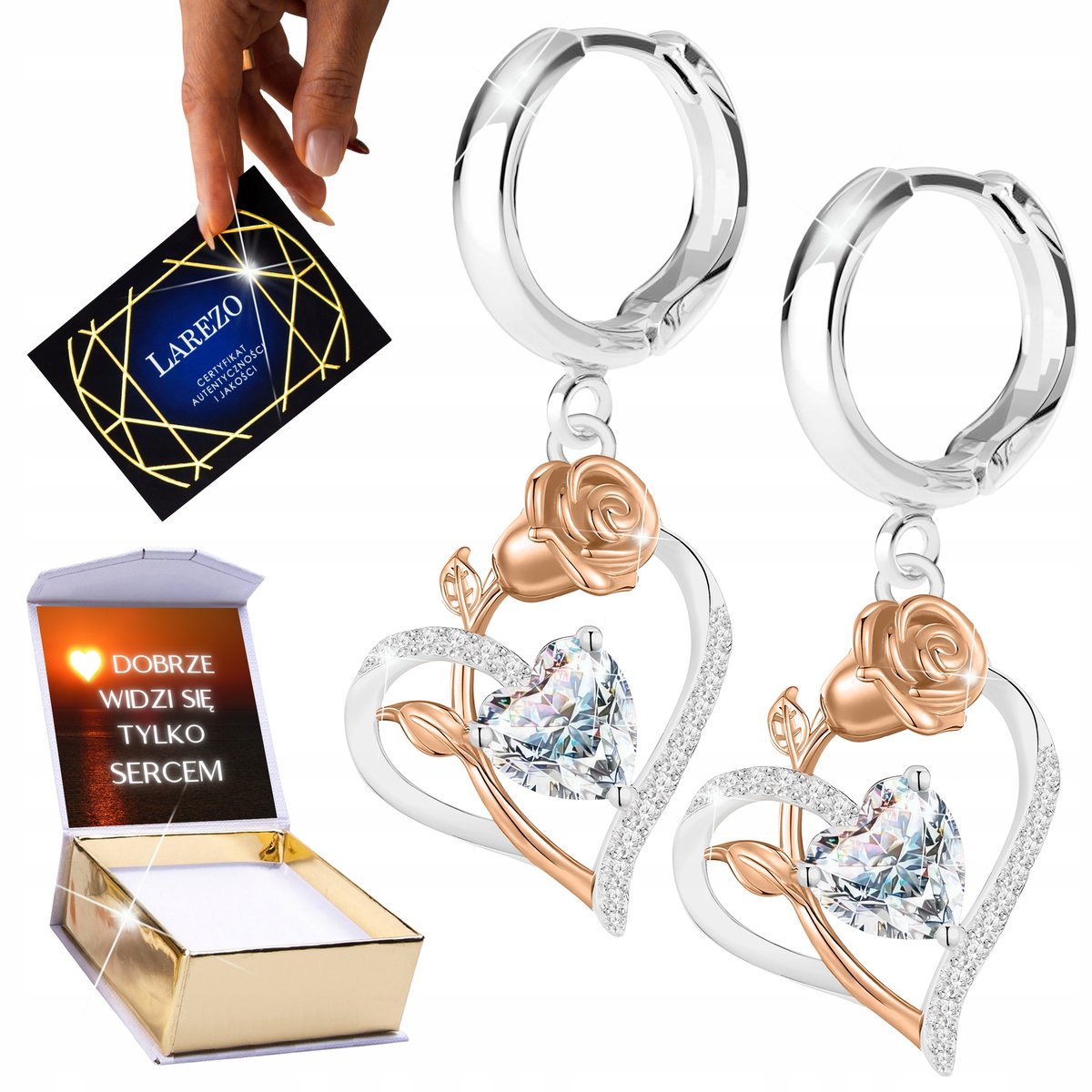 Kolczyki Srebrne 925 Białe Kryształowe Serca Róże Serduszko z Różą NADRUK