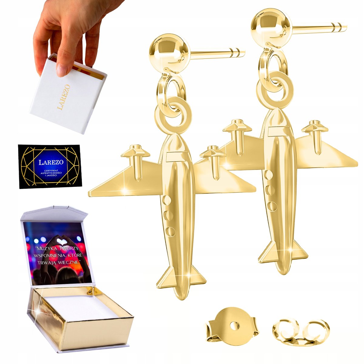 Złote Kolczyki 925 na Sztyfcie z Samolotem Duże Samoloty Podróż Lot NADRUK