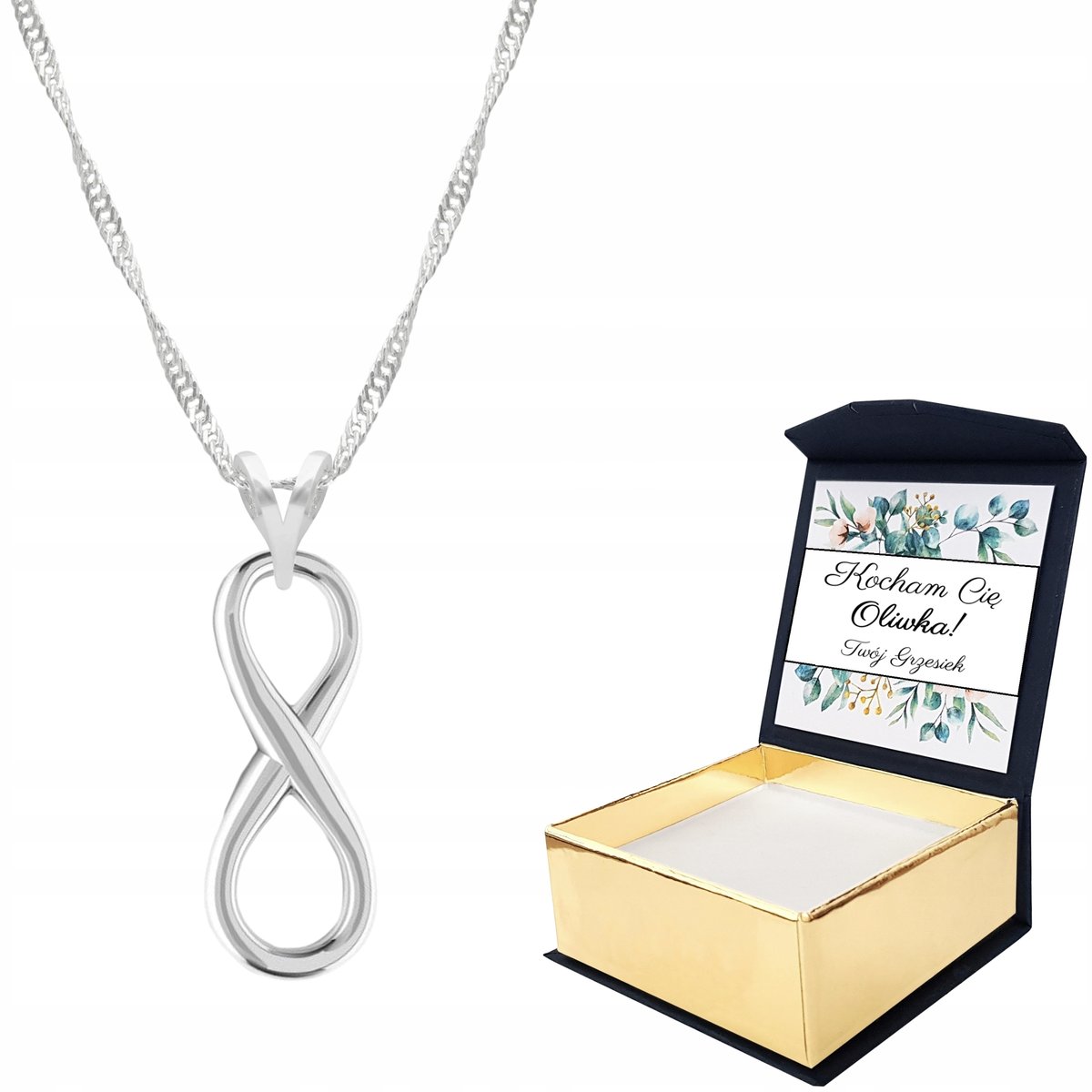 Naszyjnik srebrny Nieskończoność + WŁASNY NADRUK