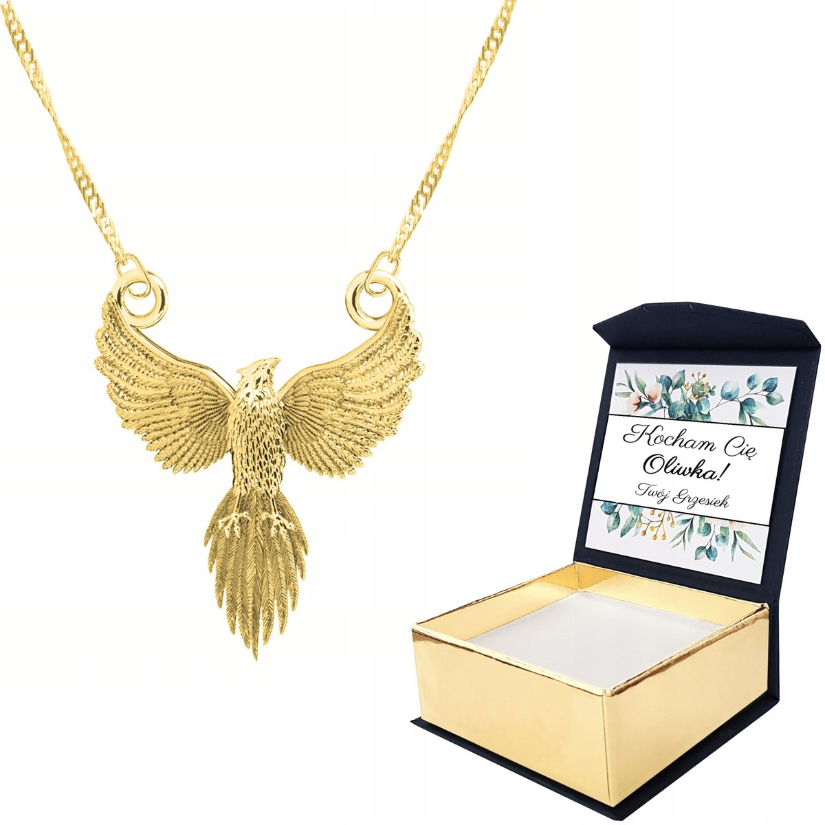 Naszyjnik złoty 925 Feniks Ptak + WŁASNY NADRUK