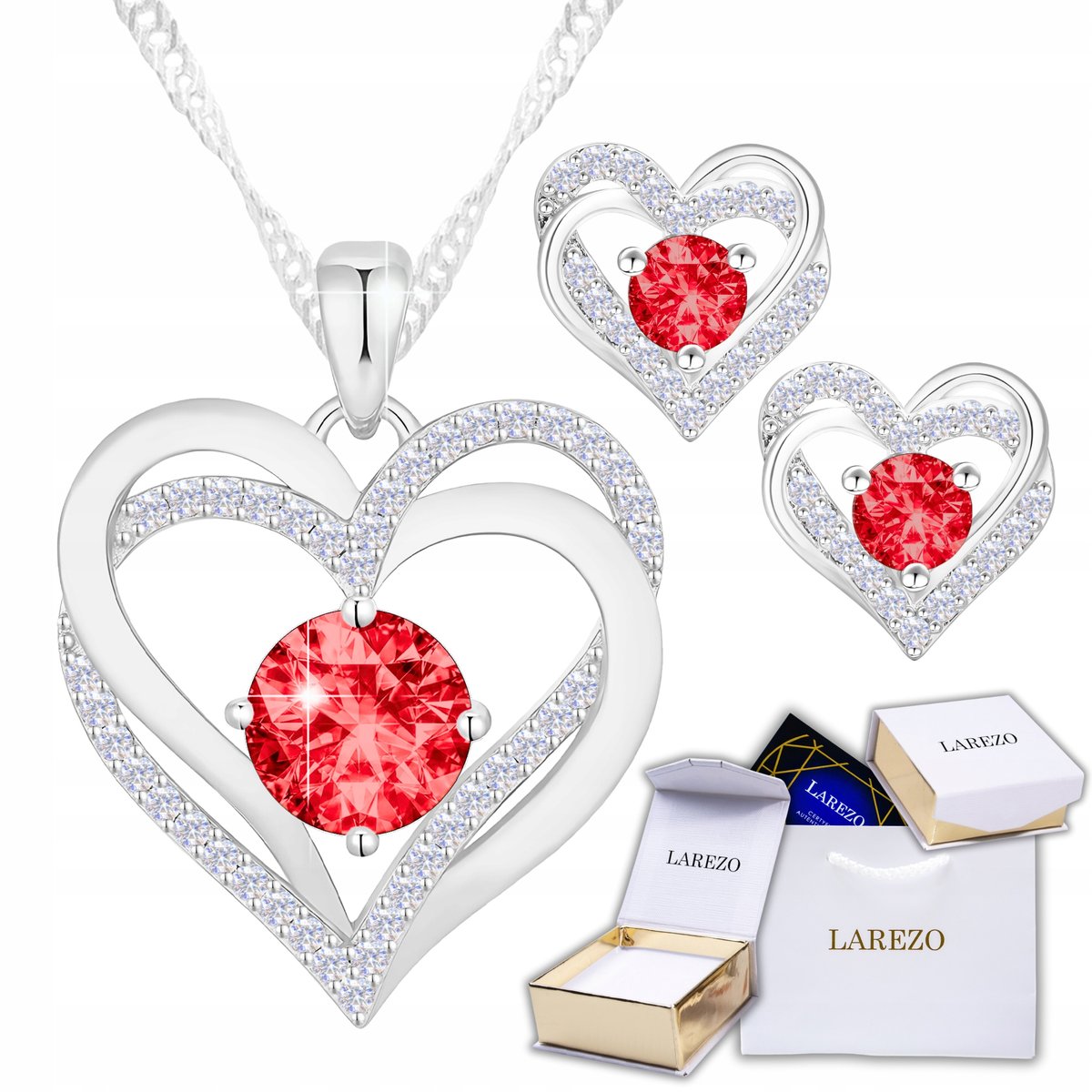 Zestaw Srebrny Naszyjnik i Kolczyki Srebrne 925 Serca z Czerwonym Oczkiem