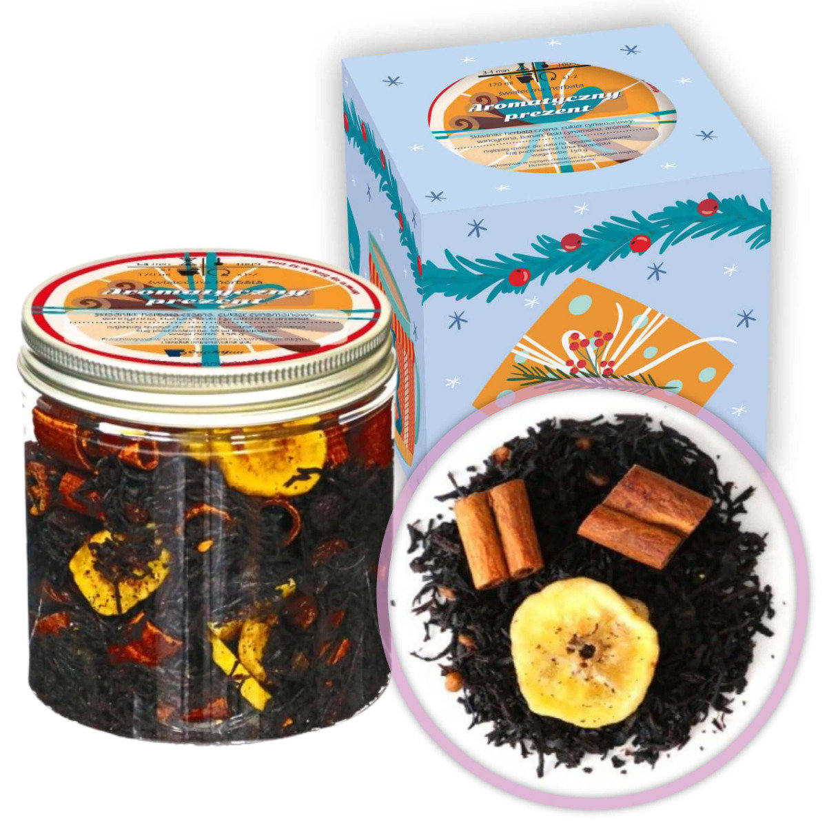 Herbata AROMATYCZNY PREZENT - świąteczna herbata czarna 150g o smaku bananów w cynamonie, herbaciany prezent pod choinkę i na Mikołajki prezent na m..