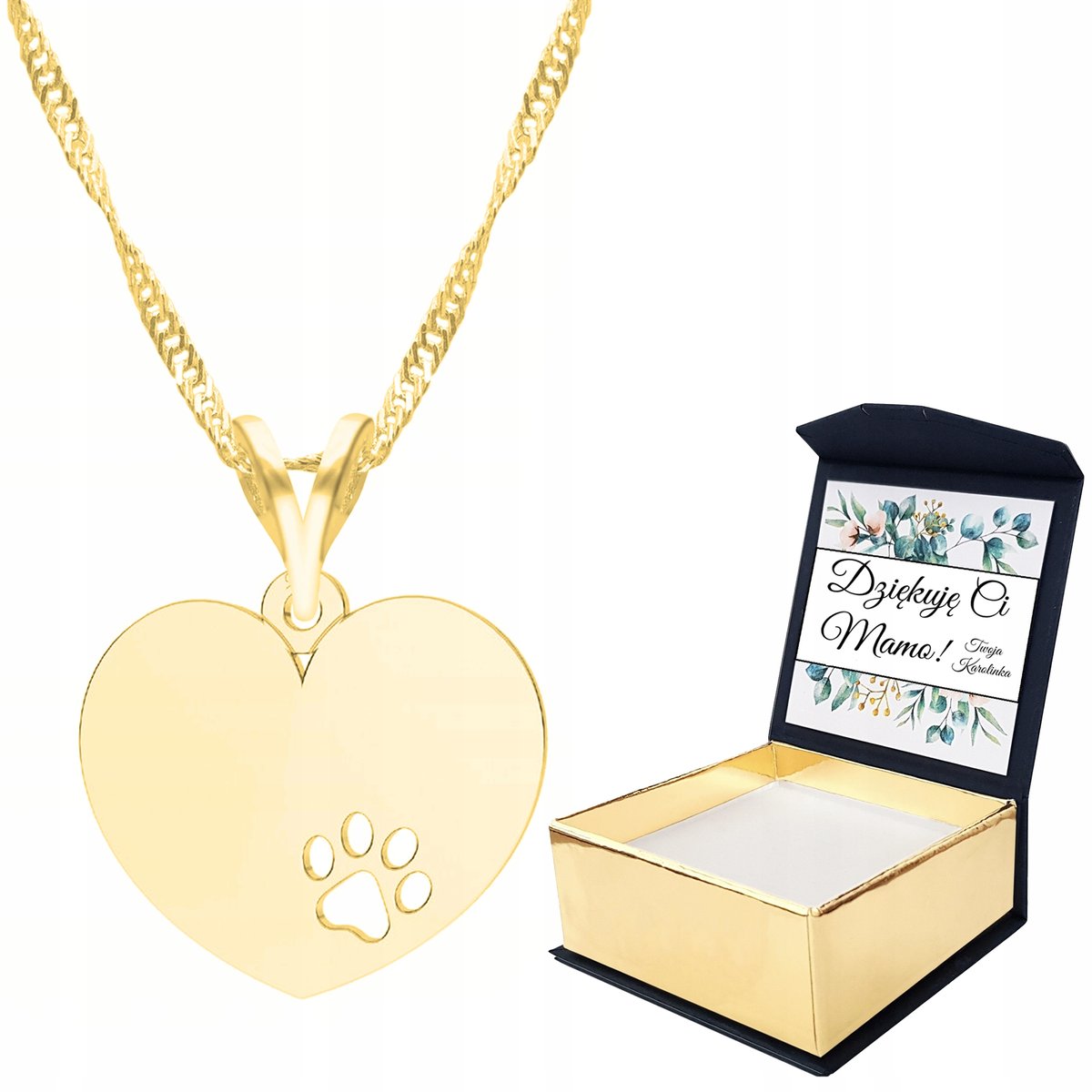 Naszyjnik złoty Serce Łapka Psia + WŁASNY NADRUK