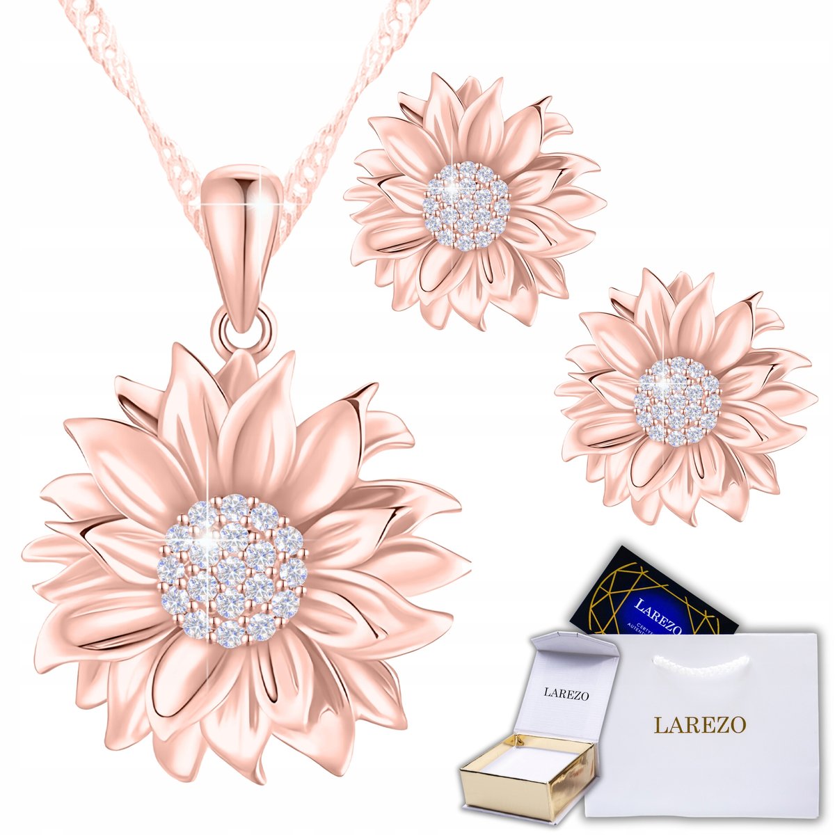 Zestaw Kolczyki i Naszyjnik 925 Kwiat Słonecznik z Cyrkoniami POZŁACANY 750