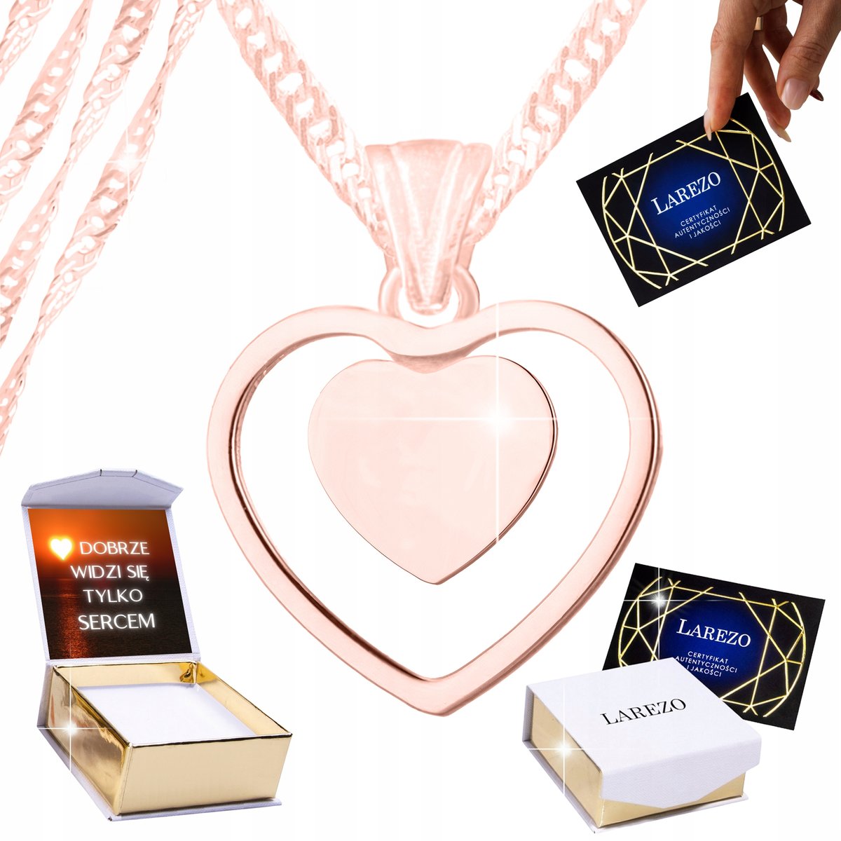 Naszyjnik Różowy 925 Blaszka Dwa Serca Podwójne Serce Love Miłość + NADRUK