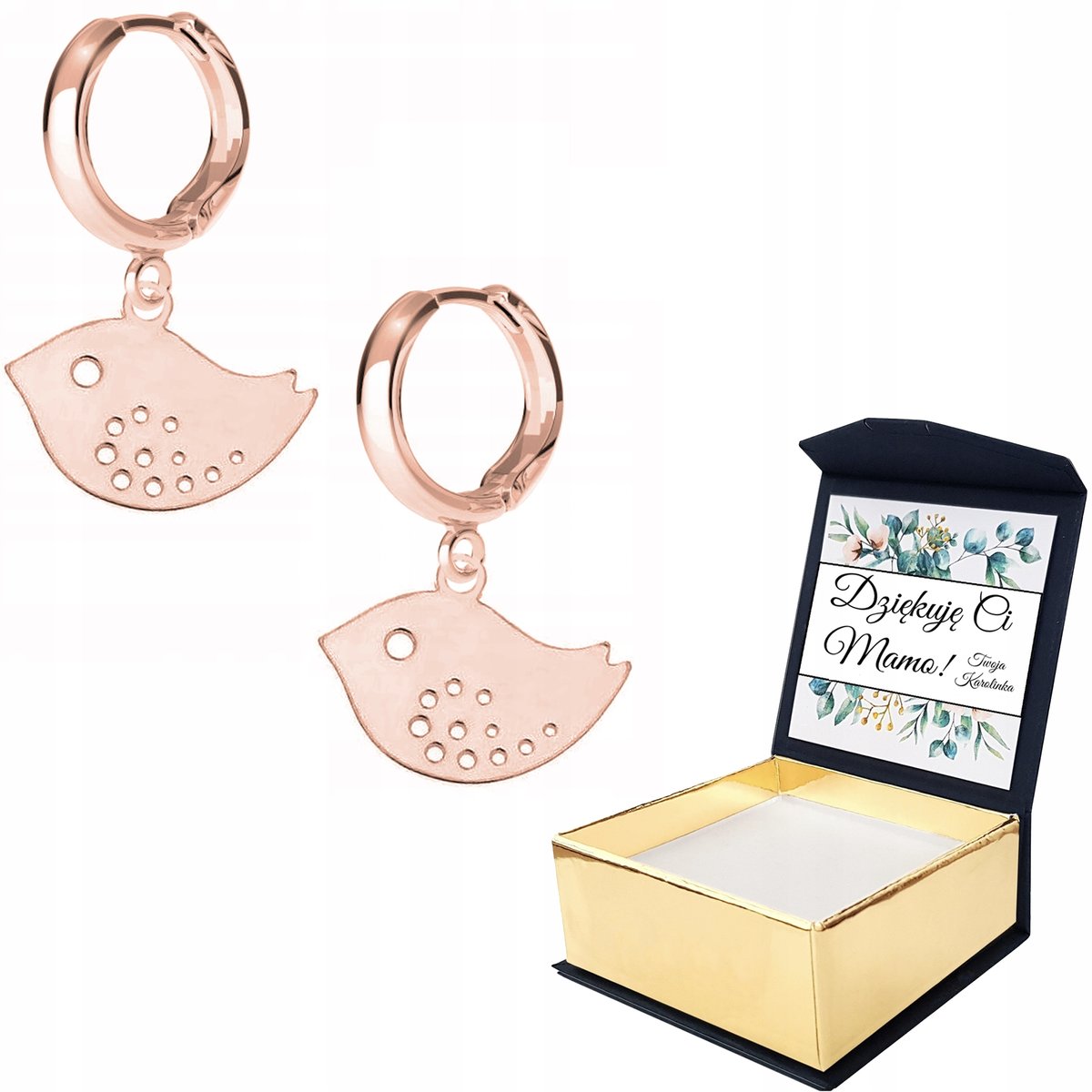 Kolczyki różowe złoto Ptak Zwierzę + WŁASNY NADRUK