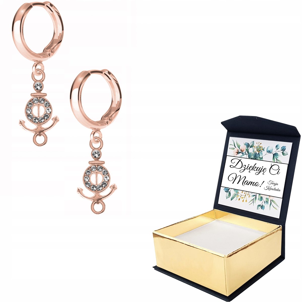 Kolczyki różowe złoto Kotwica Łódź + WŁASNY NADRUK