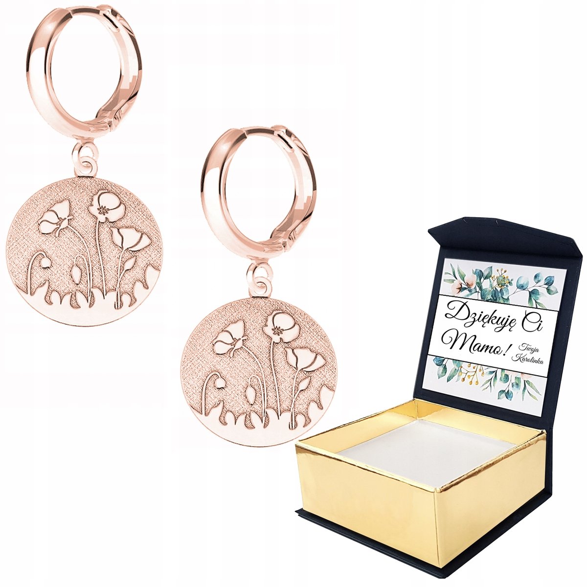 Kolczyki różowe złoto Kwiaty Maki + WŁASNY NADRUK