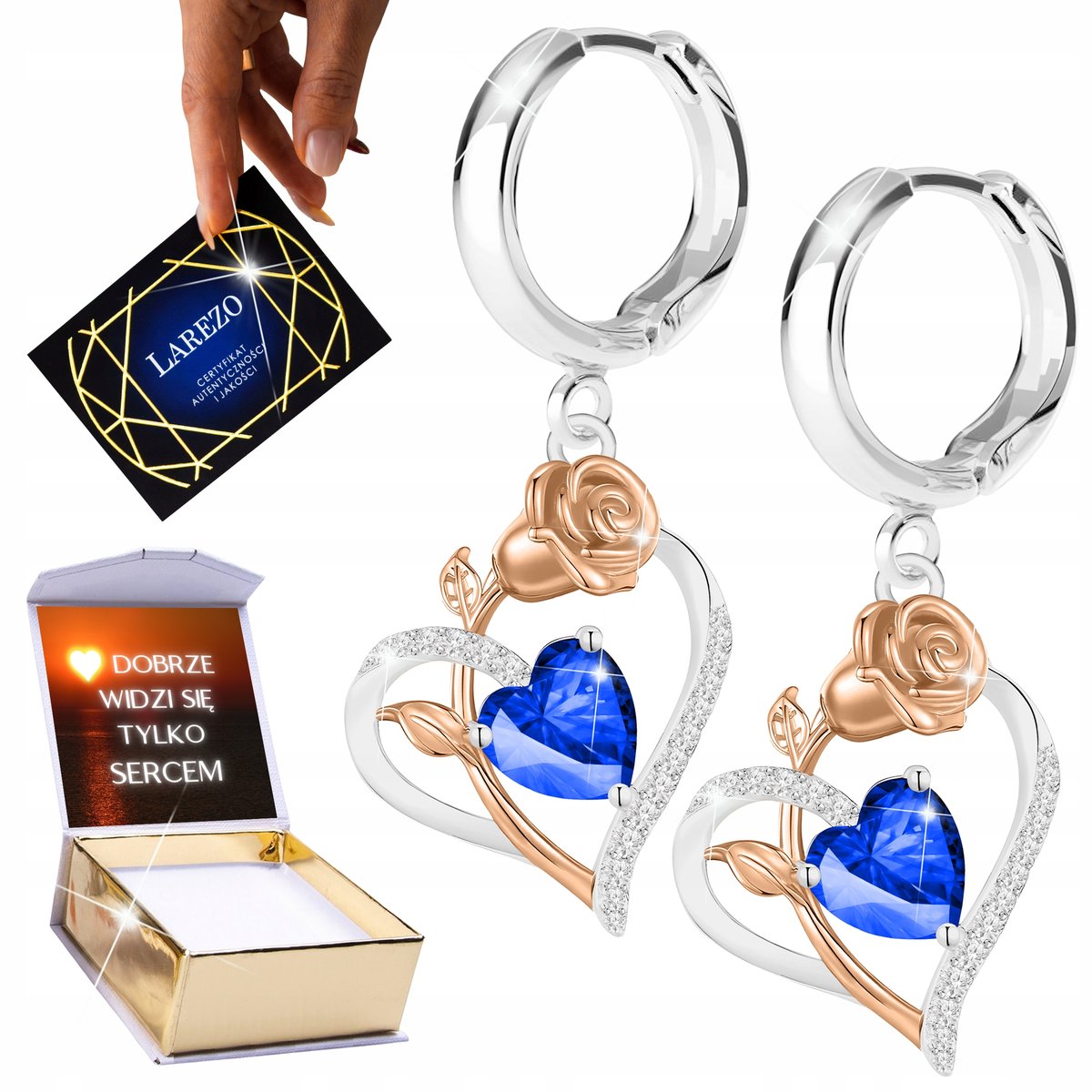 Kolczyki Srebrne 925 Niebieskie Kryształowe Serca Róże Serce z Różą NADRUK