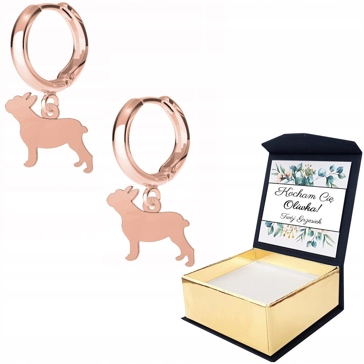 Kolczyki różowe złoto Buldog Pies + WŁASNY NADRUK