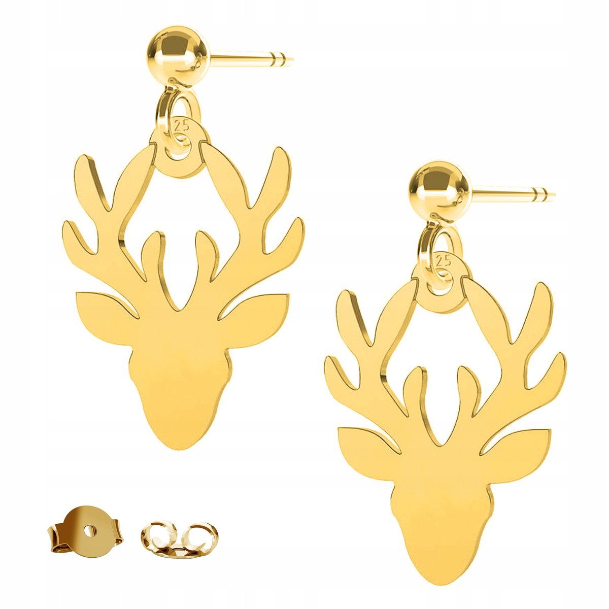 Złote Kolczyki Na Sztyfcie Jeleń Zwierzę Rogi Poroże Głowa Jelenia srebro