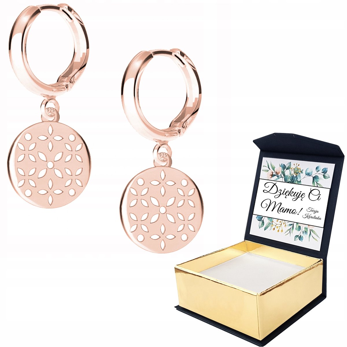 Kolczyki różowe złoto Kwiaty 925 + WŁASNY NADRUK