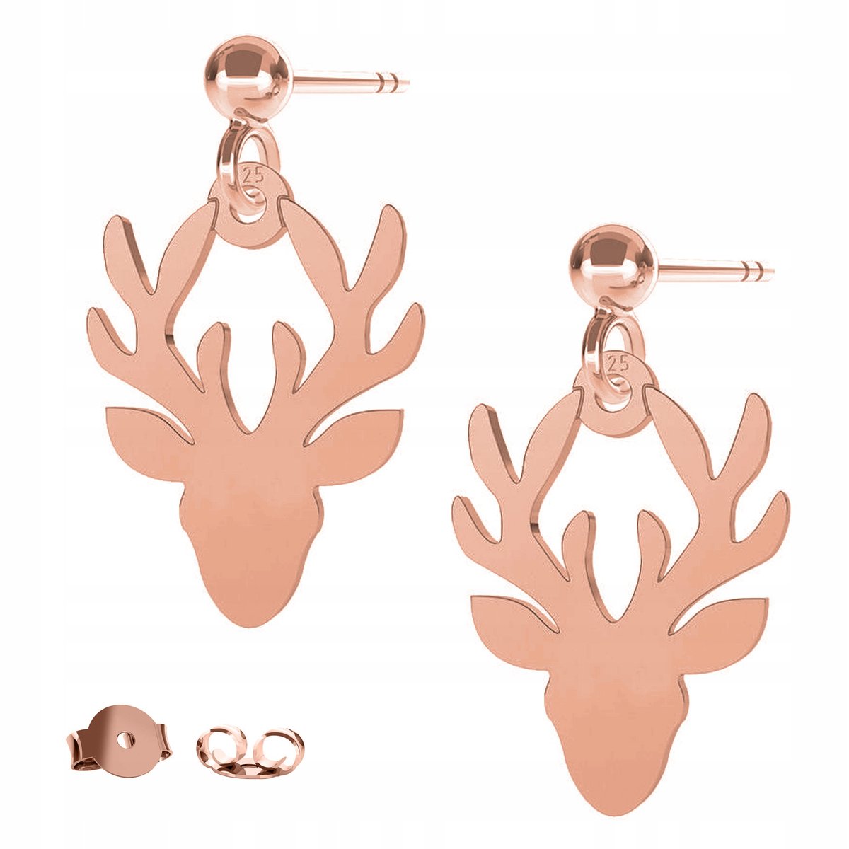 Różowe Kolczyki Na Sztyfcie Jeleń Zwierzę Rogi Poroże Głowa Jelenia srebro