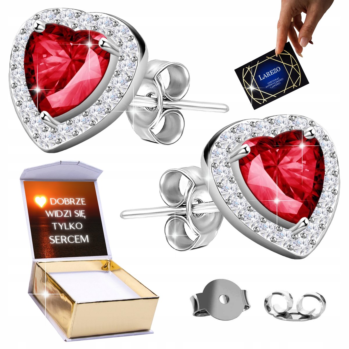 Srebrne Kolczyki 925 Sztyfty Czerwone Serca z Kryształkami Serduszka NADRUK