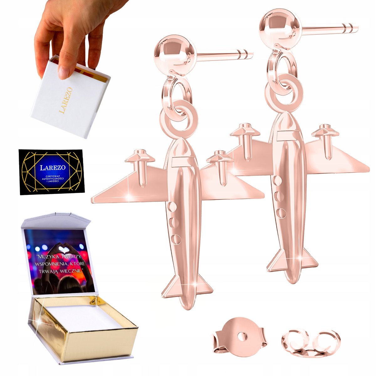 Kolczyki Różowe na Sztyfcie z Samolotem Duże Samoloty Podróż Lot + NADRUK