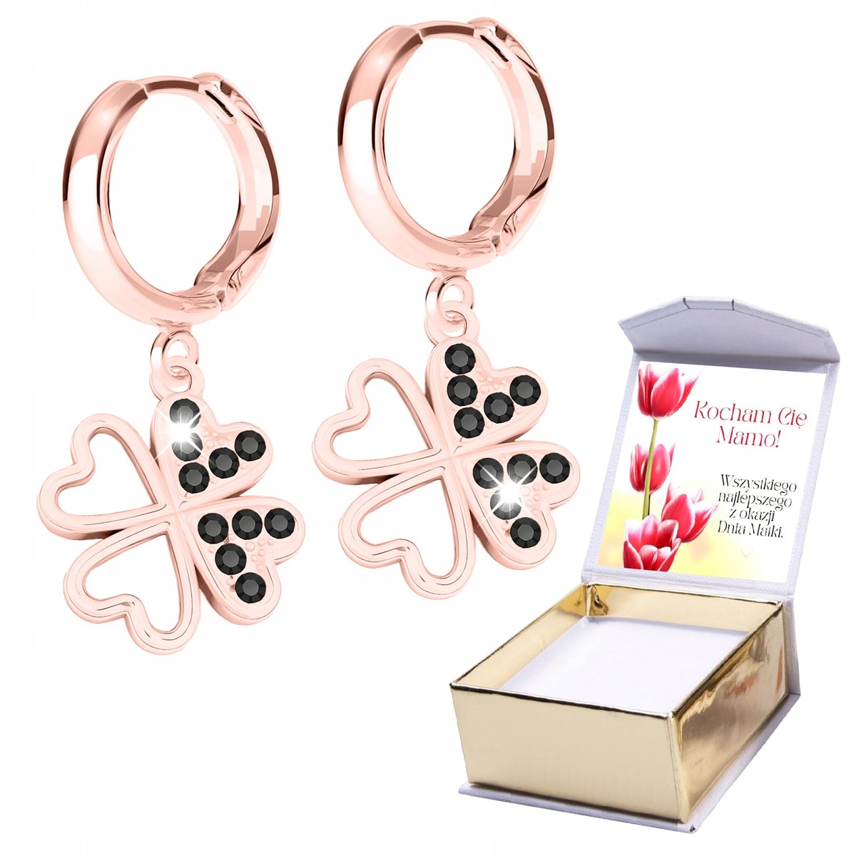 Kolczyki Pozłacane 18K Czterolistne Koniczynka Czarne Cyrkonie Kwiat NADRUK