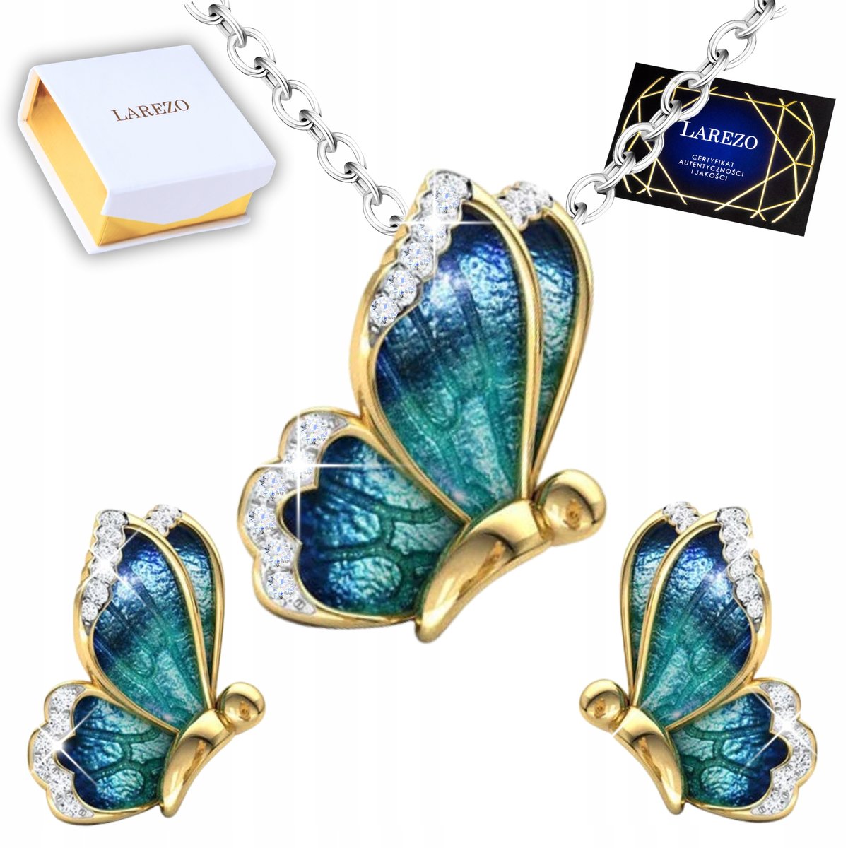 Zestaw Srebrny Naszyjnik Niebieski Motyl Kolczyki Wkrętki Motyle SREBRO 925