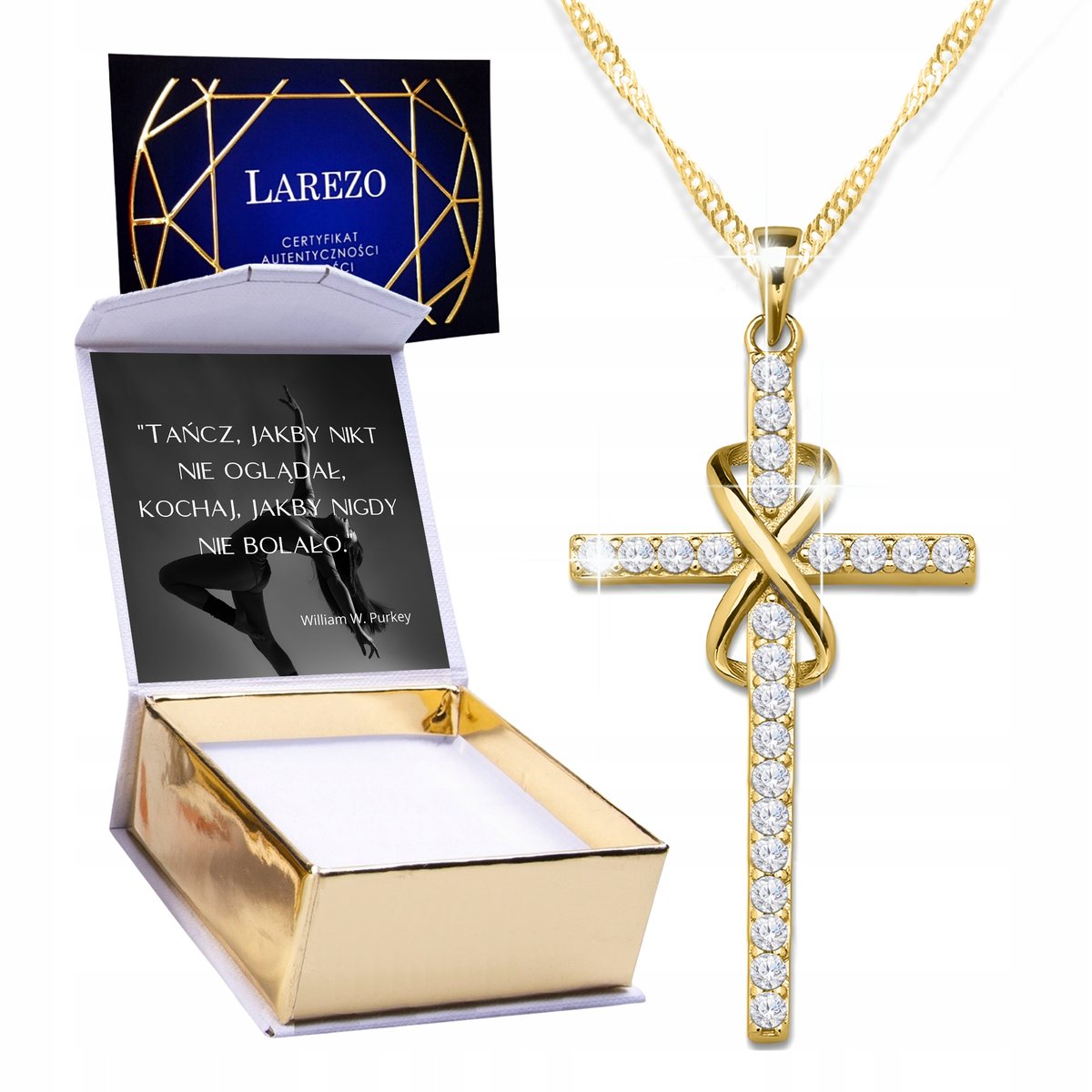 Złoty Naszyjnik Krzyż Krzyżyk z Cyrkoniami Krzyżem Nieskończoność + NADRUK